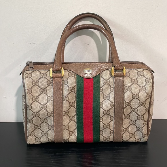 GUCCI Vintage Sherry Line GG Web PVC Canvas Leather Brown Boston Bag Handbag - Picture 3 of 17